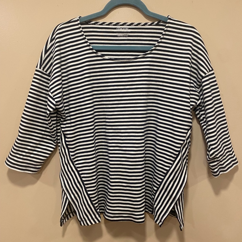 100% Pima Cotton Chico's Size 2 Navy and White Striped Long Sleeve Top
